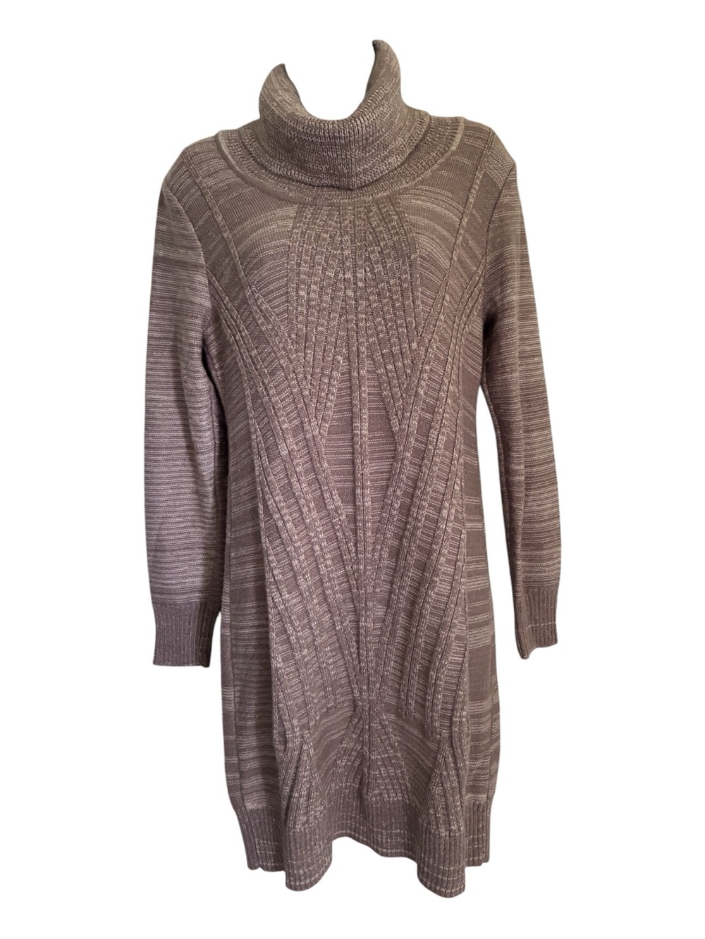 Fall Bodycon 90s Style Earthy Taupe Brown Cable Turtleneck Sweater Dress Sz L